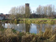 Landscape view of river and brewery water tower at Burton on Trent. Link to Landscape Gallery.