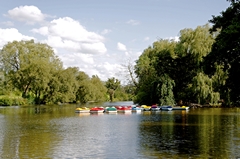 A view of boats moored on the lake at Markeaton Park in Derby, Derbyshire, England. This is just one of the many features of Derby's largest park. Link to Derbyshire Gallery.